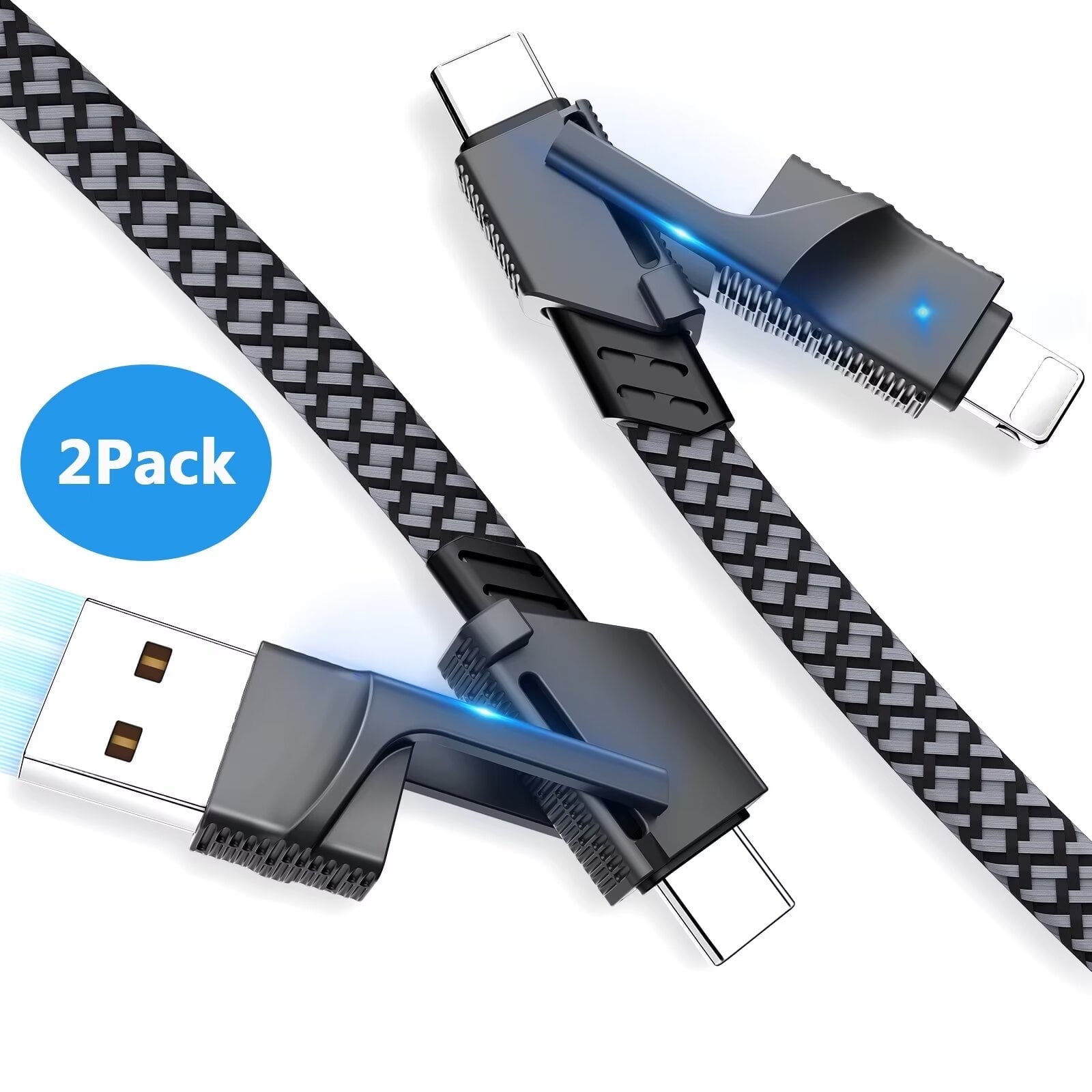 4 in 1 Multi Charging Cable 6FT, 2Pack Flat Braided [60W Fast Charging & Data Sync] USB C to USB C Charger Cable with iP/Type C/USB A Port for iPhone/Samsung/Pad/Mac