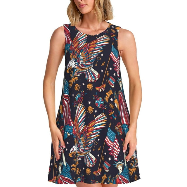 Daiia Robes Imprimées États-Unis d'Amérique pour Femmes 2025 Robes Tendance à Manches Courtes Robes Maxi Décontractées Amples et Fluides