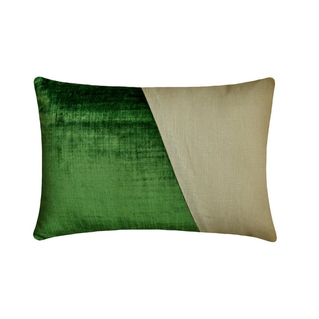 The HomeCentric Decorative Emerald Green Pack of 2,12"x24" (30x60 cm) Lumbar Pillow Cover, Velvet & Linen Solid Color Block Oblong Pillow, Patchwork Pattern Modern Style - Velutinous Emerald