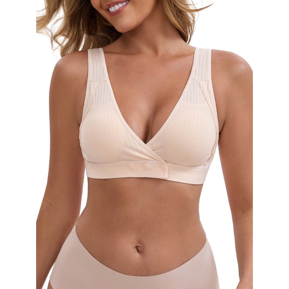INSPIRE CHIC Women's Bras Front Closure Wireless Postpartum Breastfeeding Lingerie V-Neck Push Up Ribbed Nursing M Beige
