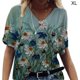 thumbnail image 1 of Camiseta de mujer con estampado floral, manga corta, cuello en V, blusa de playa, azul verde, XL kenally AP002484-19, 1 of 4