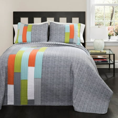 Lush Decor Shelly Stripe Geometric Cotton Reversible Quilt, King, Orange/Blue, 3-Pc Set