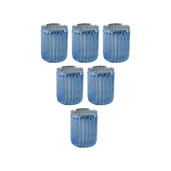 Glass Ribbed Candle Holders, Blue, Set of 6
