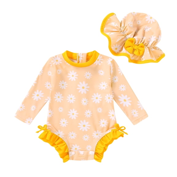 Tiny Cutey Toddler Girl Swimsuit Baby Long Sleeve One-Piece Rash Guard Bathing Suit with Hat for 6-12 Months