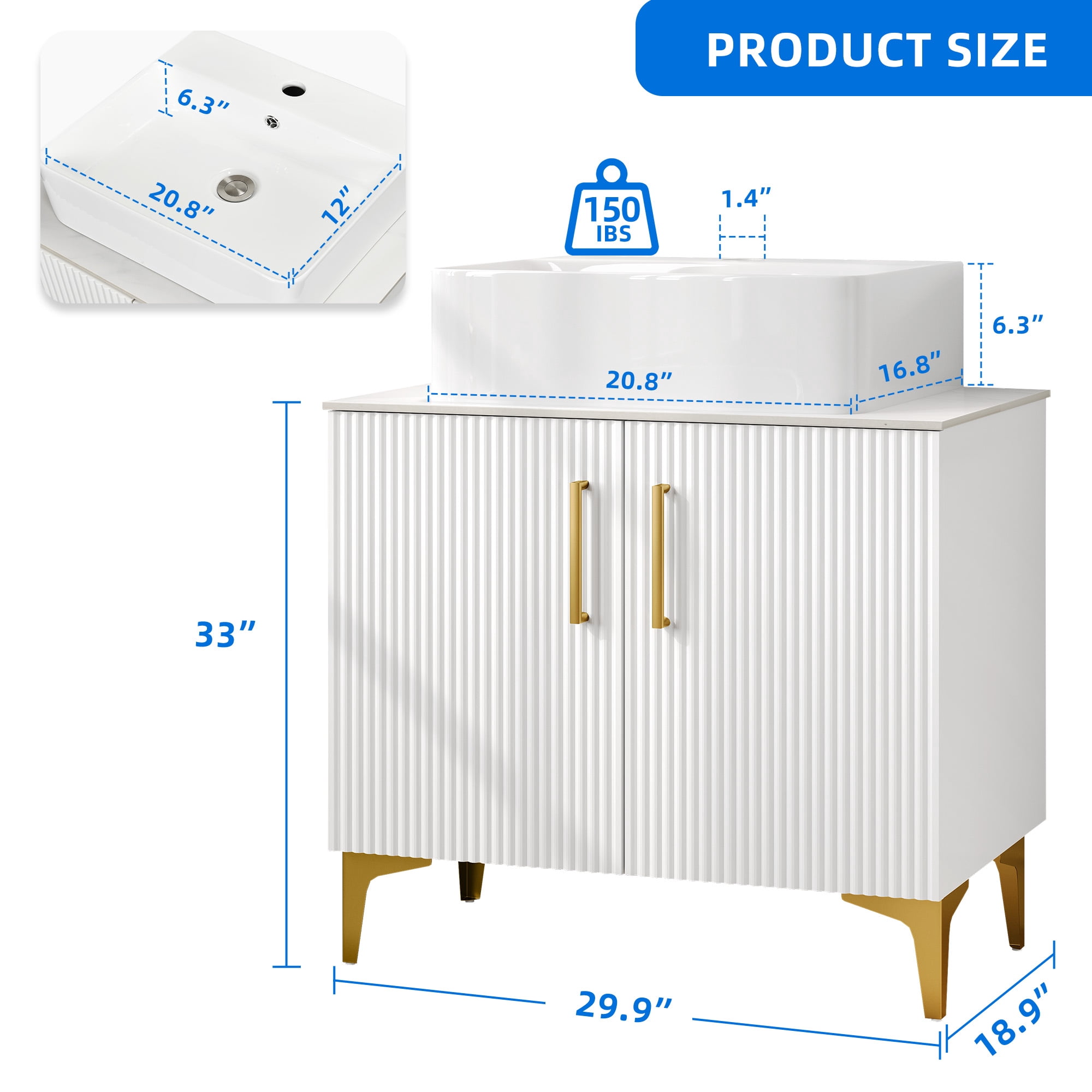 Uforic 30 Inch Bathroom Vanity with Countertop Sink Combo, Modern Bathroom Storage Cabinet with Drain, White and Gold