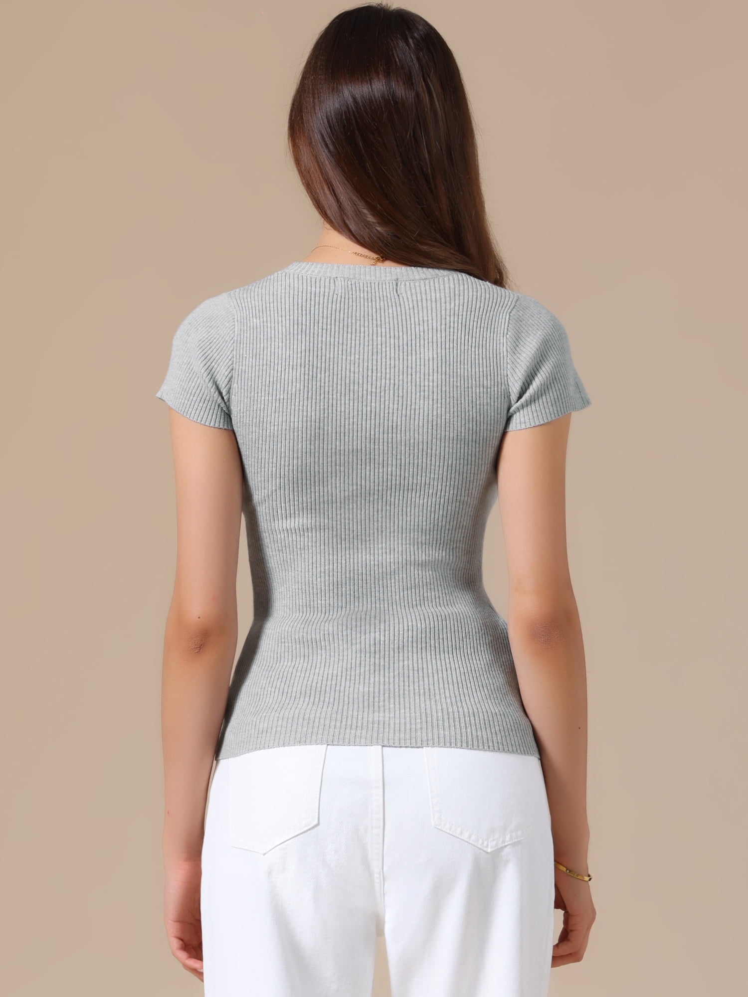 DARING DIVA Women's Short Sleeve Tops Summer Crewneck T-Shirt Ribbed Knit S Light Gray