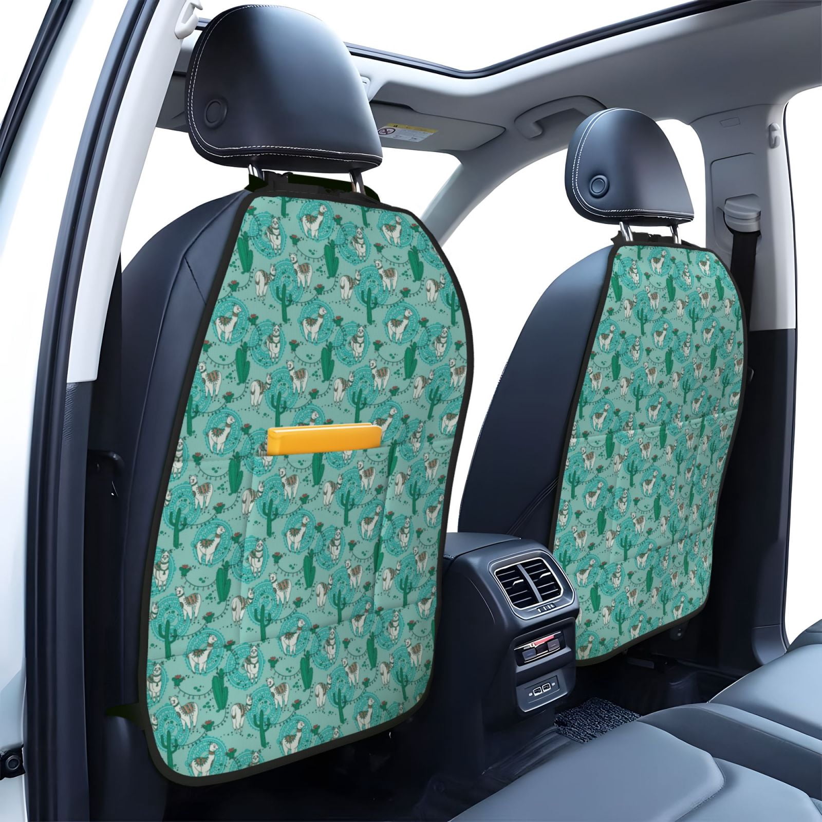 Kdxio Alapaca in Boho Print 2 Pack Car Kick Mat Seat Cover Back Protector Mat with Pockets for Organizer Backseat Protector and Storage Anti Kick Pad for Vehicles