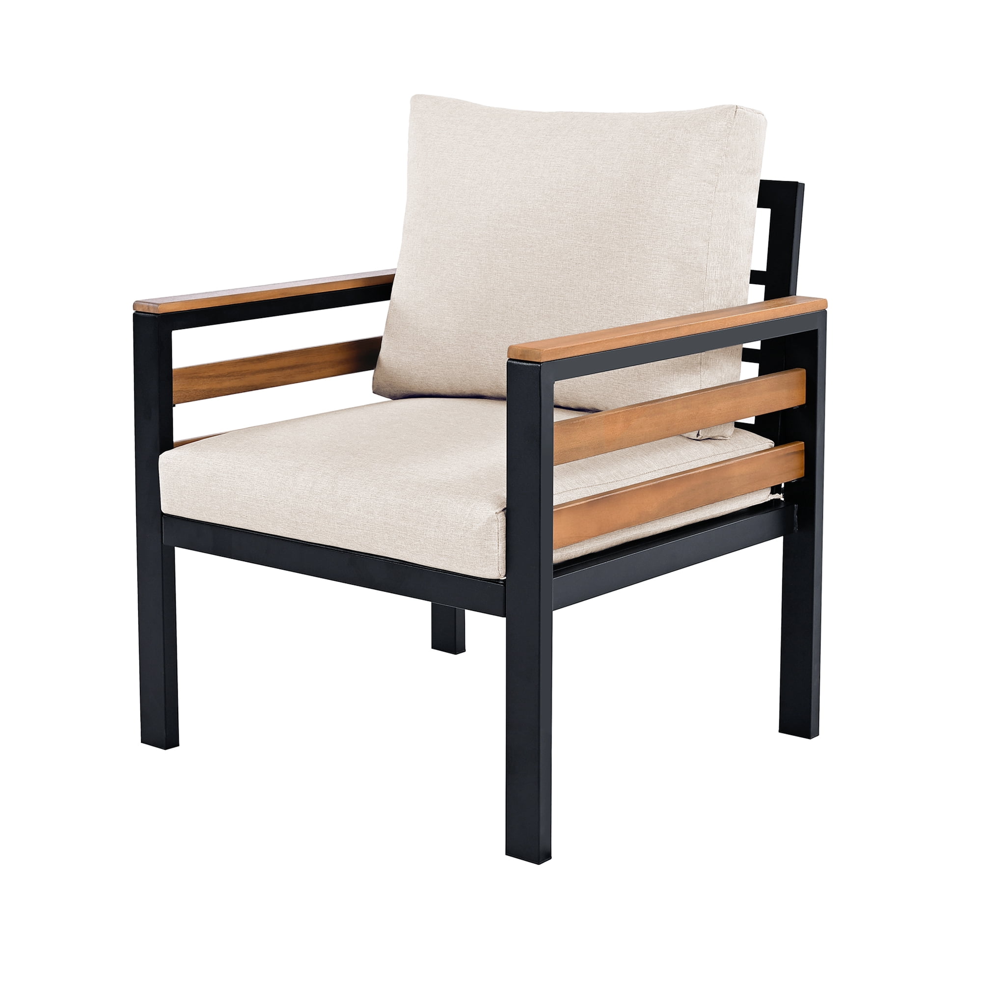 4-Piece Outdoor Furniture Sofa Set for 5 People with Acacia Wood Armrests, Patio Conversation Set with Removable Cushion and Solid Wood Coffee Table for Garden, Beige