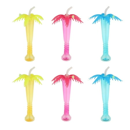 6PCS Coconut Tree Drink Cups, Hawaiian Luau Plastic Palm Tree Cups with Straws, Hawaii Party Cups Beach Events Kids - Red & Blue & Yellow