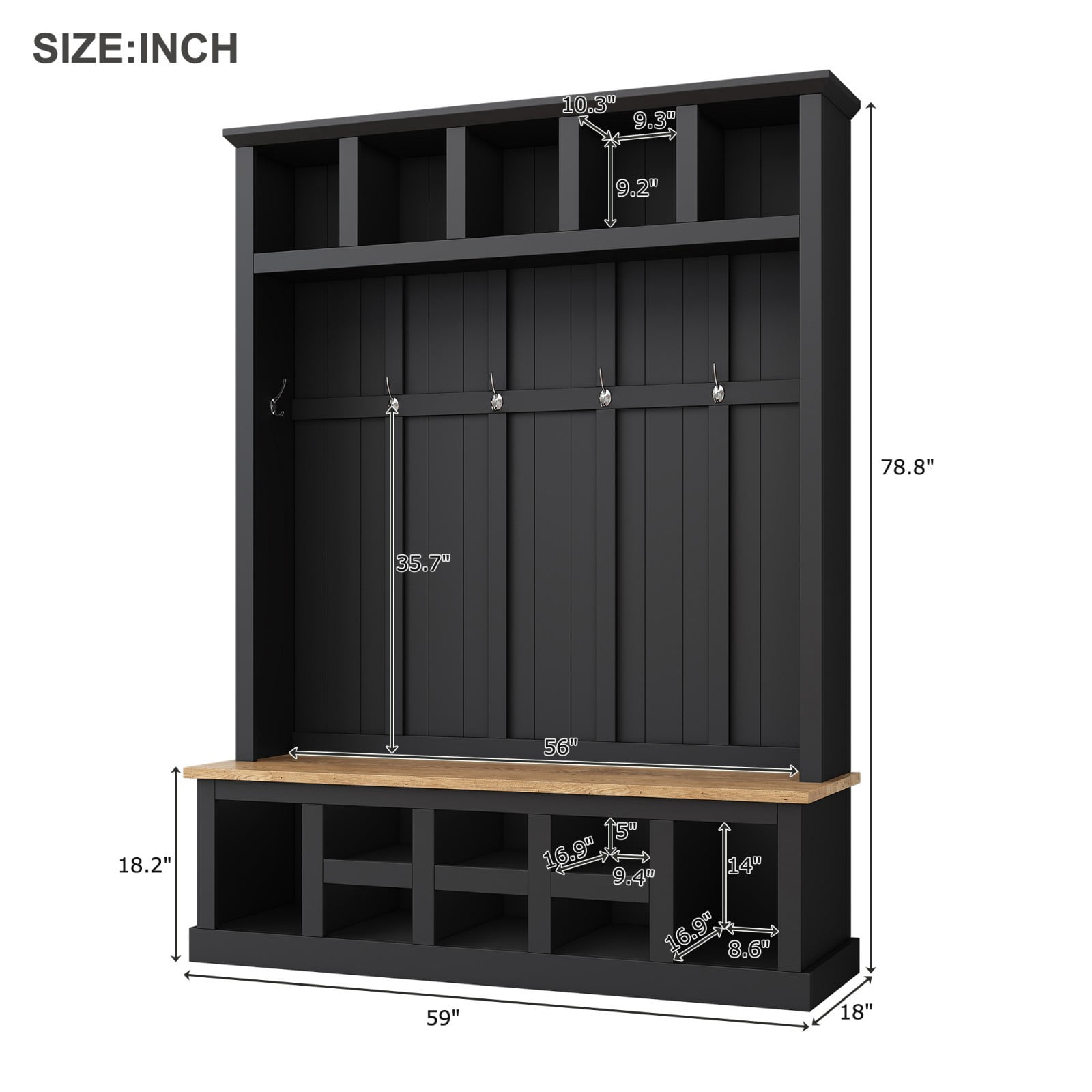 Farmhouse Hall Tree with Storage Bench, Entryway Coat Rack with 13 Shoe Compartments, 6 Hooks, Mudroom Organizer with Seating Bench, Black