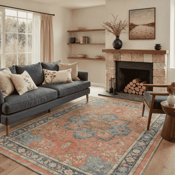 5x7 Area Rugs Non Slip Backing Low Pile Lightweight Indoor, Machine Washable Rugs for Living Room Bedroom, Floral Medallion Print Pattern, Dusty Terracotta