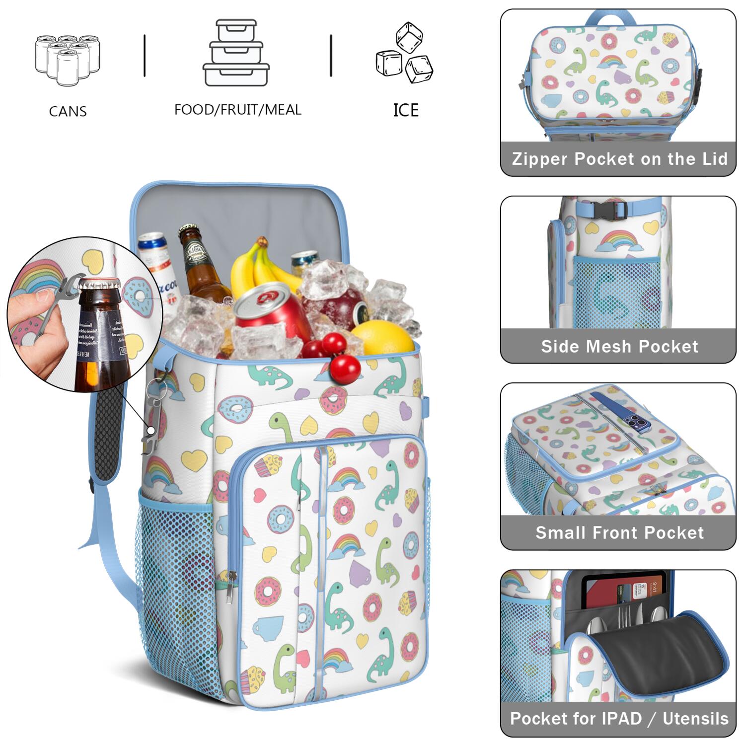 Travel Cooler Bag - Colorful Cartoon Dinosaurs Sweets Pattern Camping Beer Cooler Backpack with Bottle Opener- Waterproof Insulated Picnic Backpacks - Cooler Bag for Beach