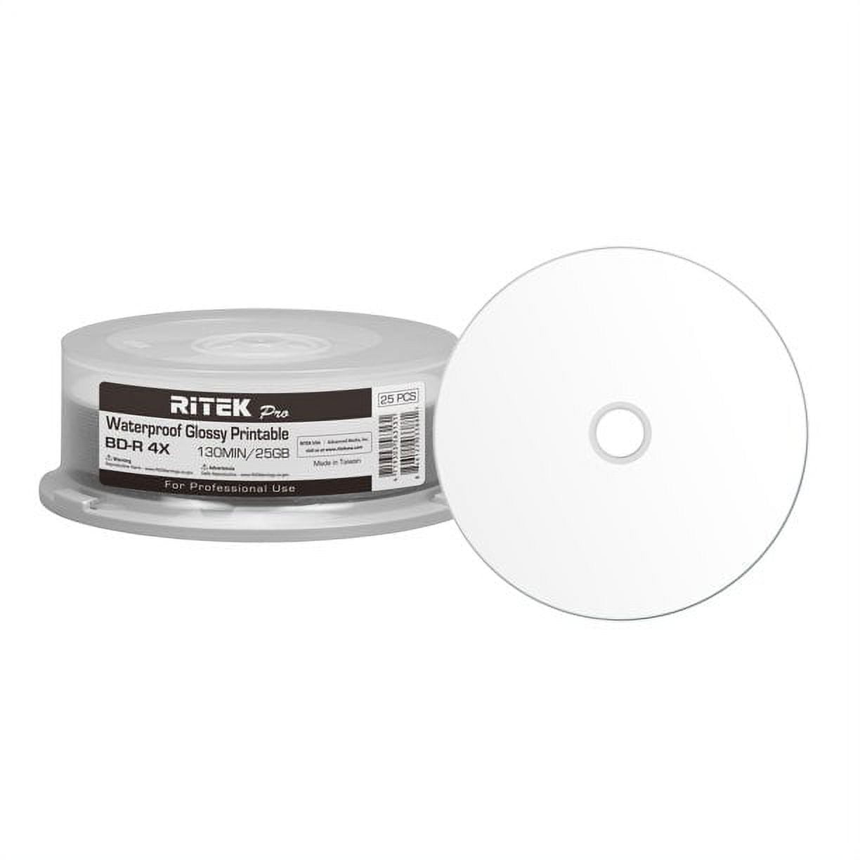 25 Pack Ritek Pro (Professional Grade) BD-R Blu-ray 4X 25GB Watershield Water Resistant Glossy White Inkjet Hub Printable Blank Recordable Disc