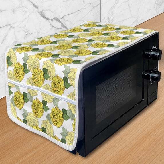 Floral Microwave Oven Cover, Detailed Graphical Spring Roses and Leaves, Water Resistant Organizer with Pockets for Kitchen, 36" x 12", Mustard Green White, by Ambesonne