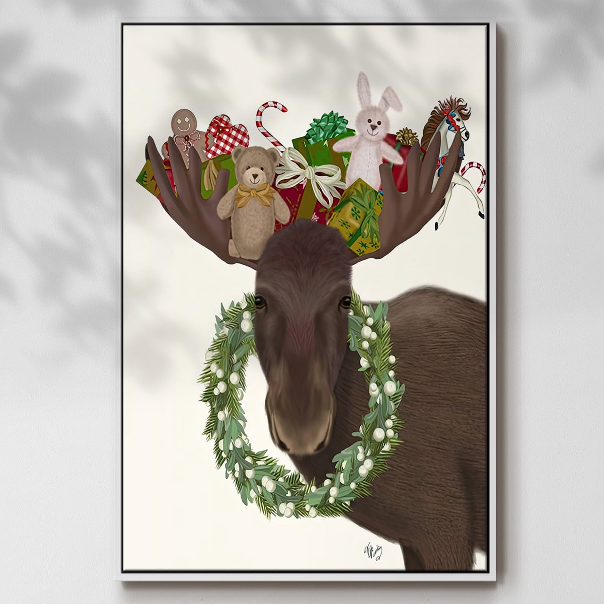 Christmas Moose and Christmas Gifts - Framed Gallery Wrapped Holiday Canvas - 25 x 37 - White Frame