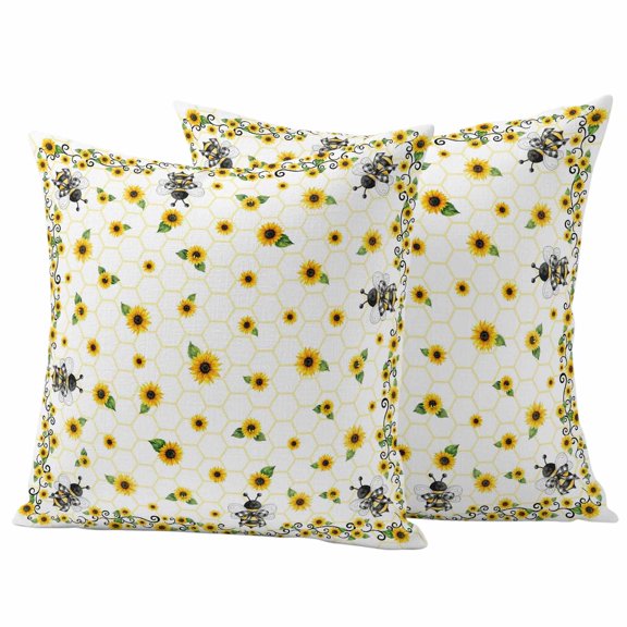 Outdoor Pillow Covers 26x26 Set of 2, Sunflowers Bee Waterproof Patio Throw Pillow Covers for Couch Sofa Chair, Summer Watercolor Farmhouse Country Floral Decorative Pillowcases for Throw Pillows