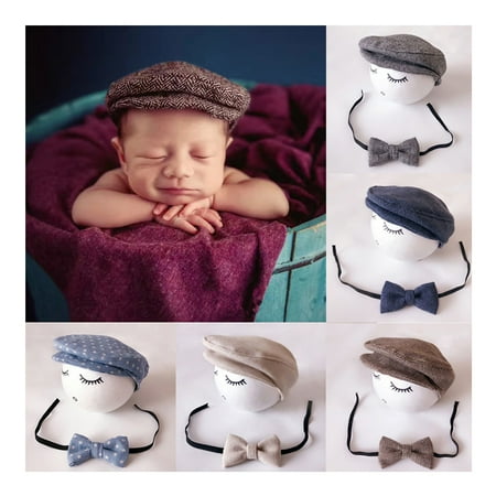 

Newborn Baby Boys Infant Peaked Beanie Cap Hat + Bow Tie Photography Props Set