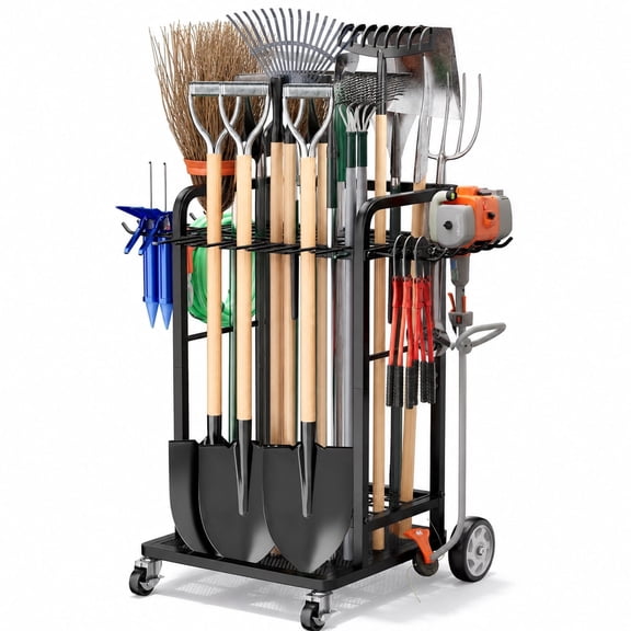 Garden Tool Organizer with Large Wheels & 12 Hooks, Holds Up to 40 Long-Handled Tools, Heavy Duty 3-Tier Yard Tower Tool Rack for Garage, Garden Tool Cart Yard Tool Organizer