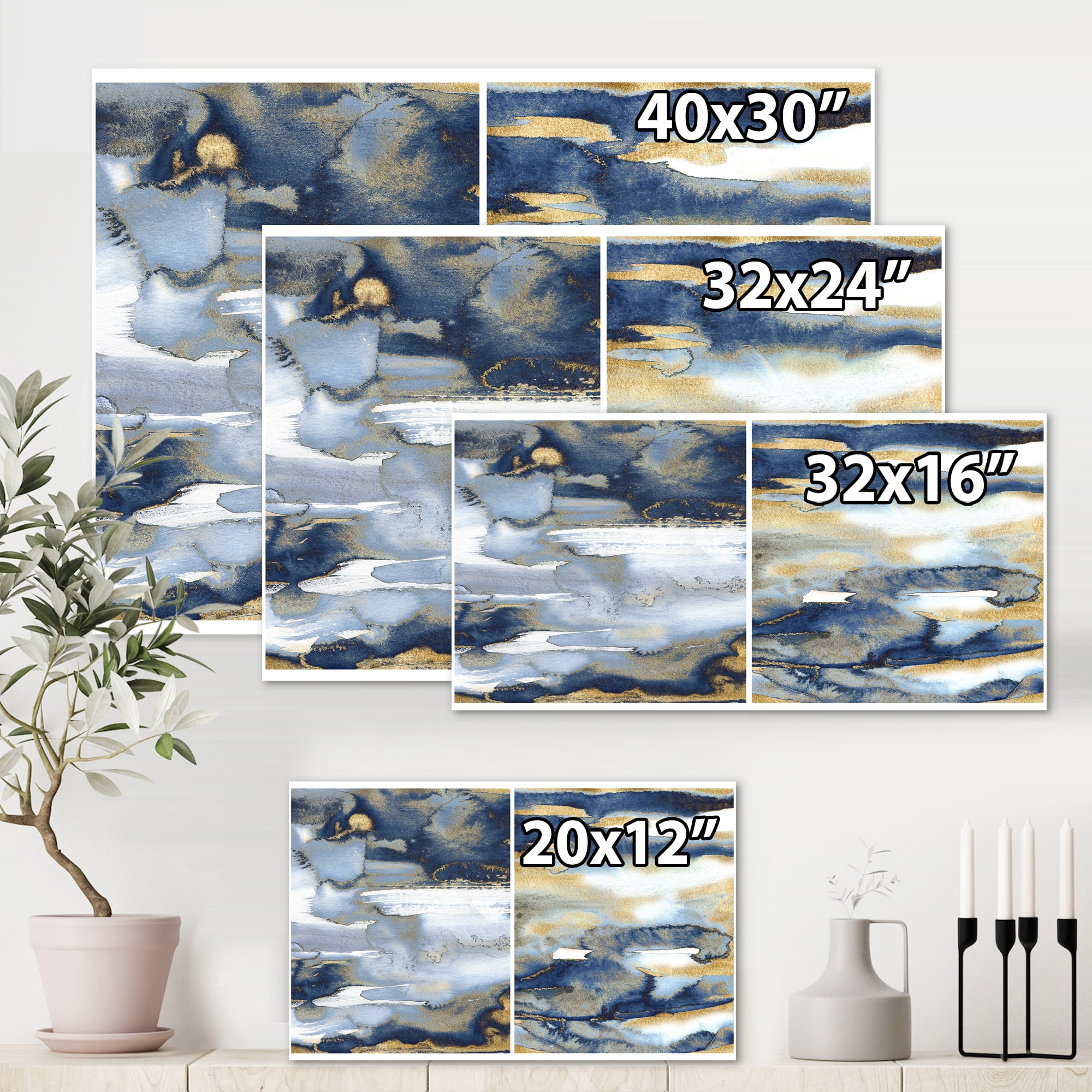 Designart ' Gold and Dark Blue Abstract II ' Modern Canvas Wall Art Print