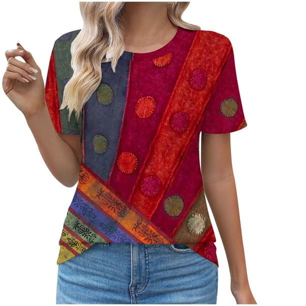 Tops Cortos para las Mujeres Cuello Redondo Impreso Sudadera Plisada Manga Corta, Tops de Baile para las Mujeres Primavera Verano