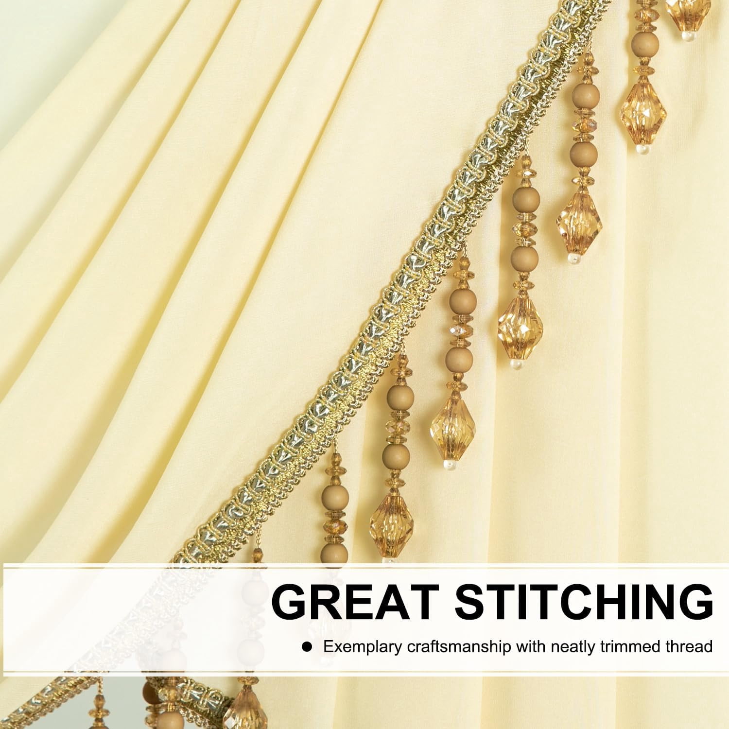 Luxury Sheer Valance with Beaded Tassels - Vintage White Waterfall Swag Window Curtain for Bedroom & Living Room, Decorative Short Drapes, 39 Inches Wide, 1 Panel