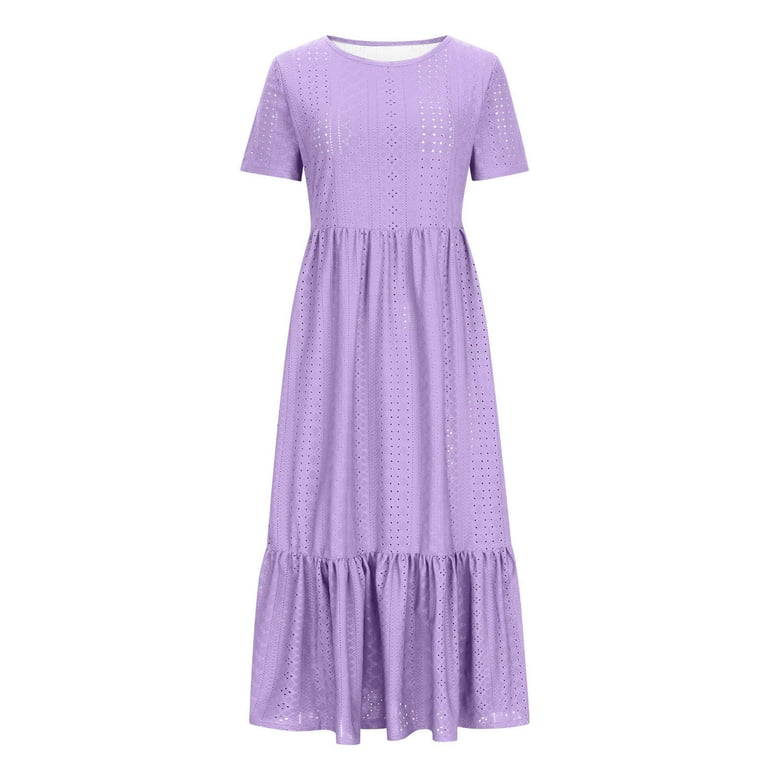 ATOYSOY Women's Retro Drop Waist Tiered Tea Length A Line Dress Pockets  Beach Round Neck Short Sleeve Elegant Casual Ruffle Hem Workout Dress for  Girls Purple - Walmart.com