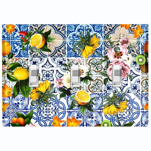 Metal Light Switch Plate Cover Floral Fruit Blue Tile Pattern Collage TIL004