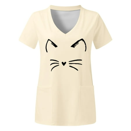 

Women Scrubs Tops Plus Size Top V Neck Short Sleeved Pockets Prints T Shirt Comfortable Nursing Uniform