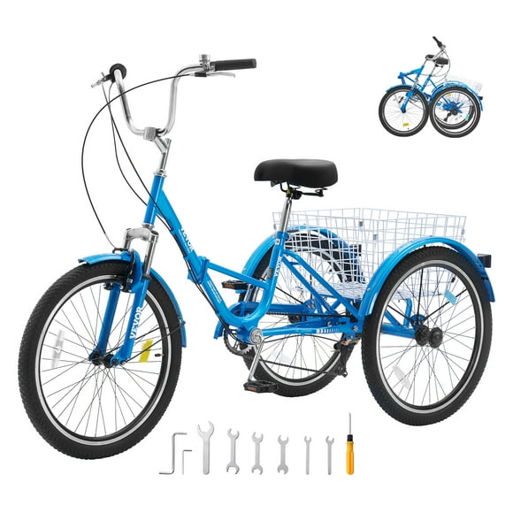 VEVOR Triciclo plegable para adultos, triciclos plegables para adultos de 24 pulgadas y 7 velocidades, bicicleta de crucero de 3 ruedas de acero al carbono con cesta y asiento ajustable