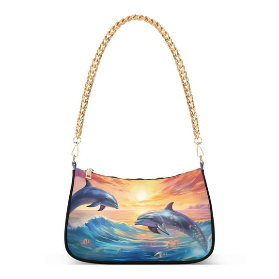 Womens Chain Shoulder Bag Dolphins and Waves Classic Tote Handbags Fashion Clutch Hobo Purse with Zipper for Travel Casual