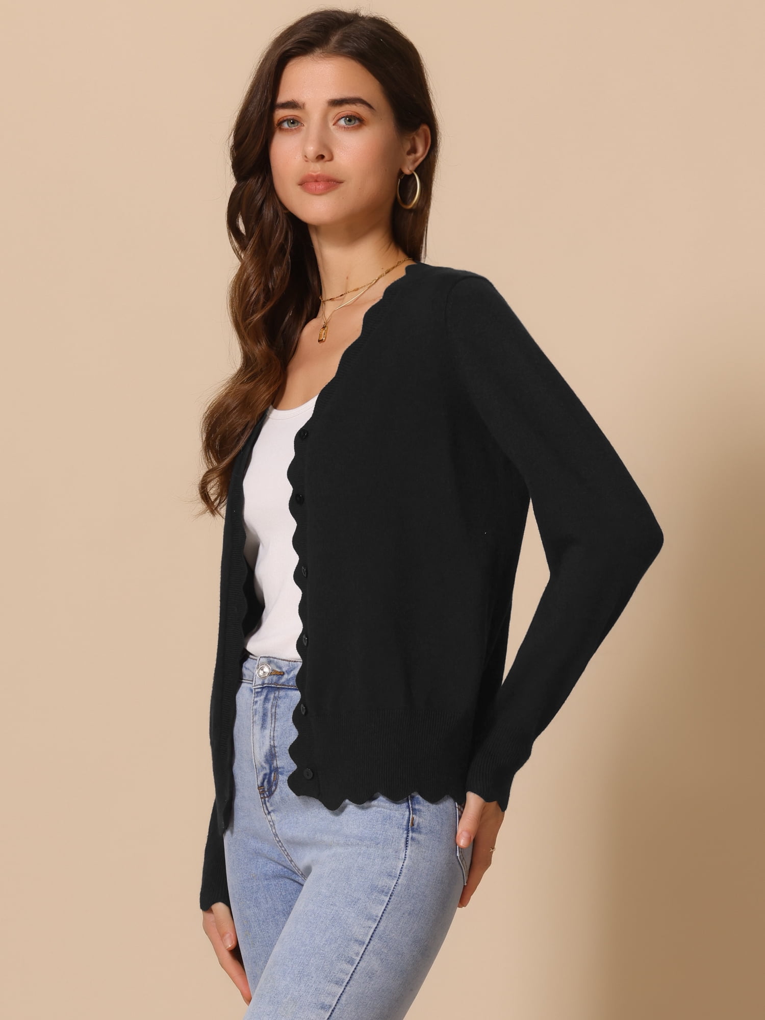 DARING DIVA Women's Long Sleeve Open Front Knit Cardigan Sweater S Black