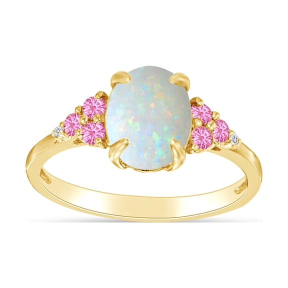 Oval Cut Lab Created Opal With Simulated White Sapphire And Pink Tourmaline Halo Solitaire Ring In 14k Yellow Gold Over Sterling Silver Ring Size-4.5