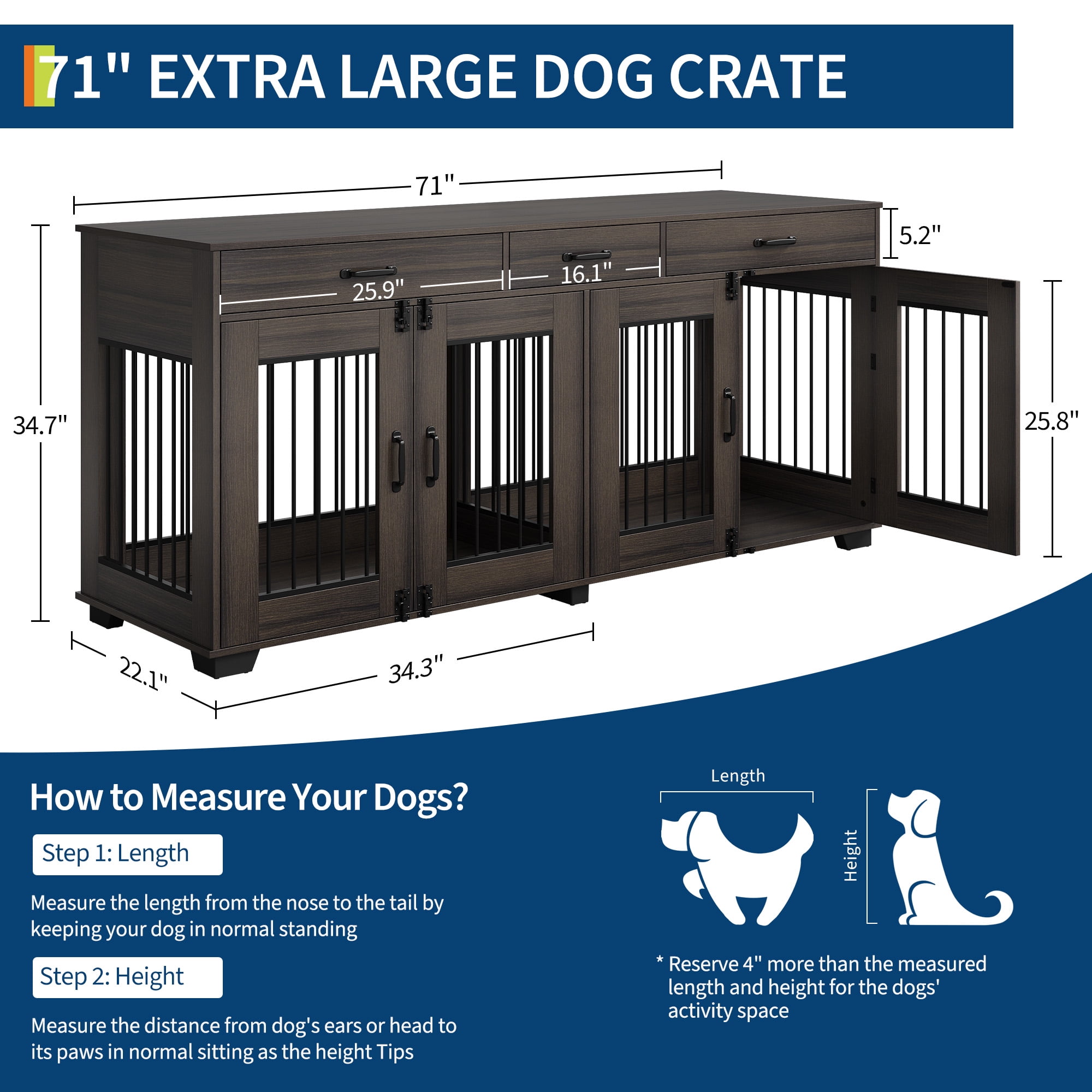 71-Inch Large Dog Crate with 3 Drawers for 2 Dogs, Spacious Wooden Indoor Kennel with Divider, Large Breed Dog Crate and TV Stand, Perfect for Medium Large Dogs