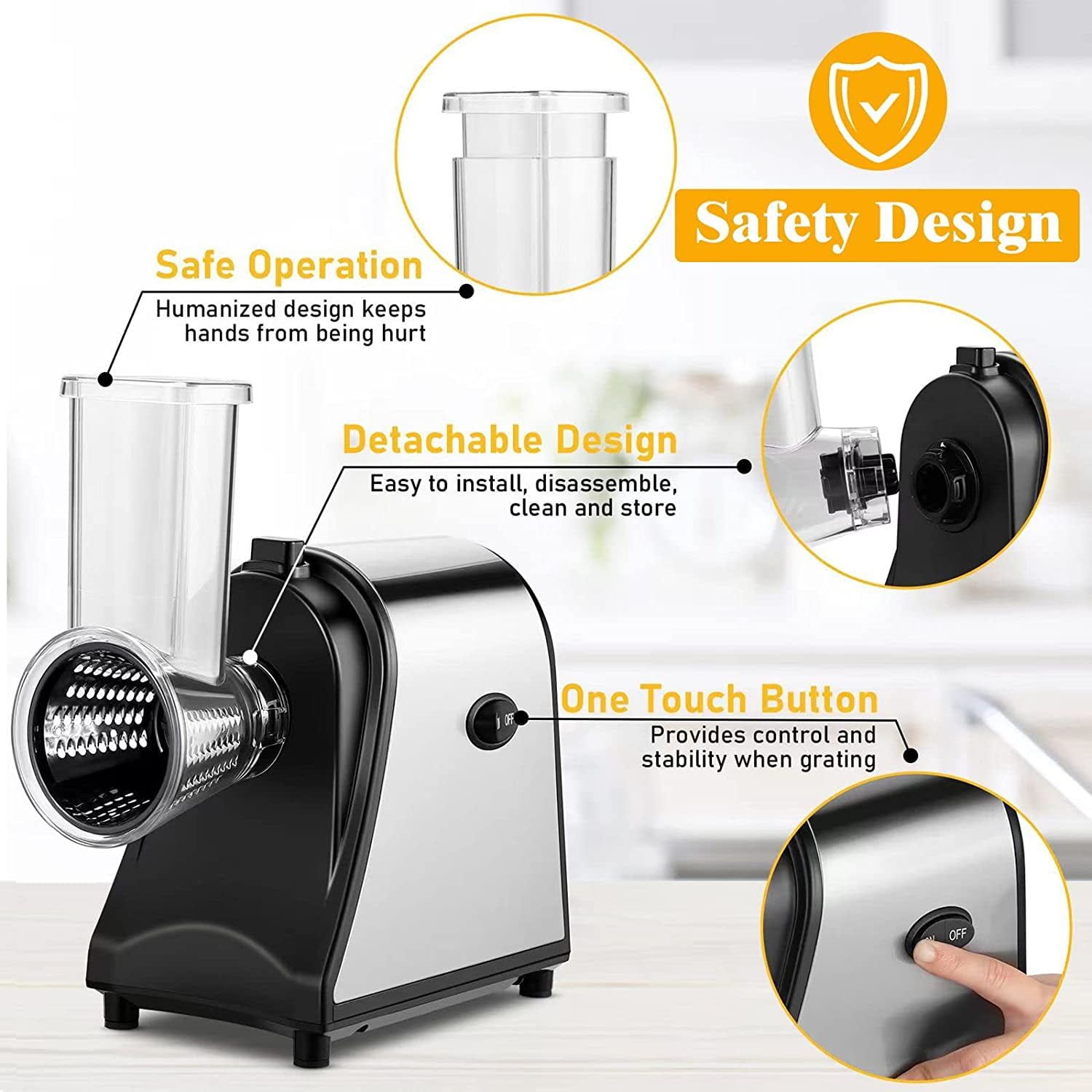 5-in-1 Electric Cheese Grater with 5 Blades – 250W One-Touch Shredder & Vegetable Slicer for Block Cheese, Fruits, Nuts