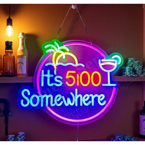 Queen Sense 16"x13" It's 5:00 Somewhere Palm Tree Cup LED Neon Sign for Wall Decor Dimmable USB Powered LED Light W116I5SWIC-5VLED