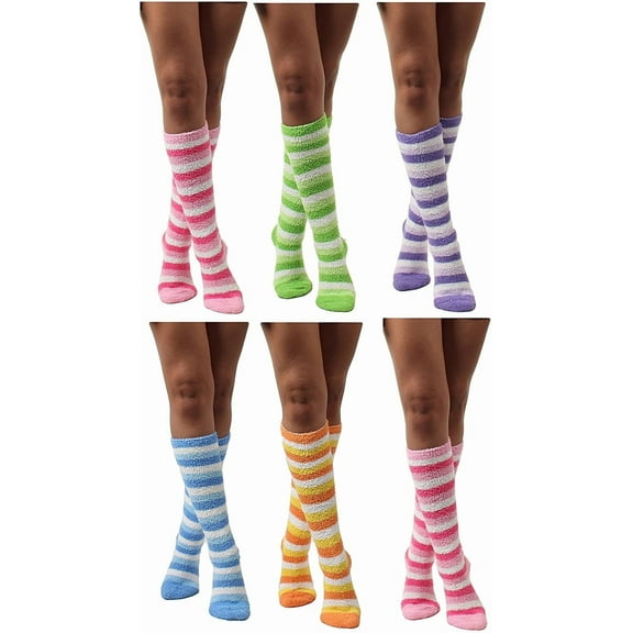 Womens Thick Comfortable Soft Fuzzy Cozy Calf High Winter Plush Socks 6 Pairs Stripes Style Size 9-11