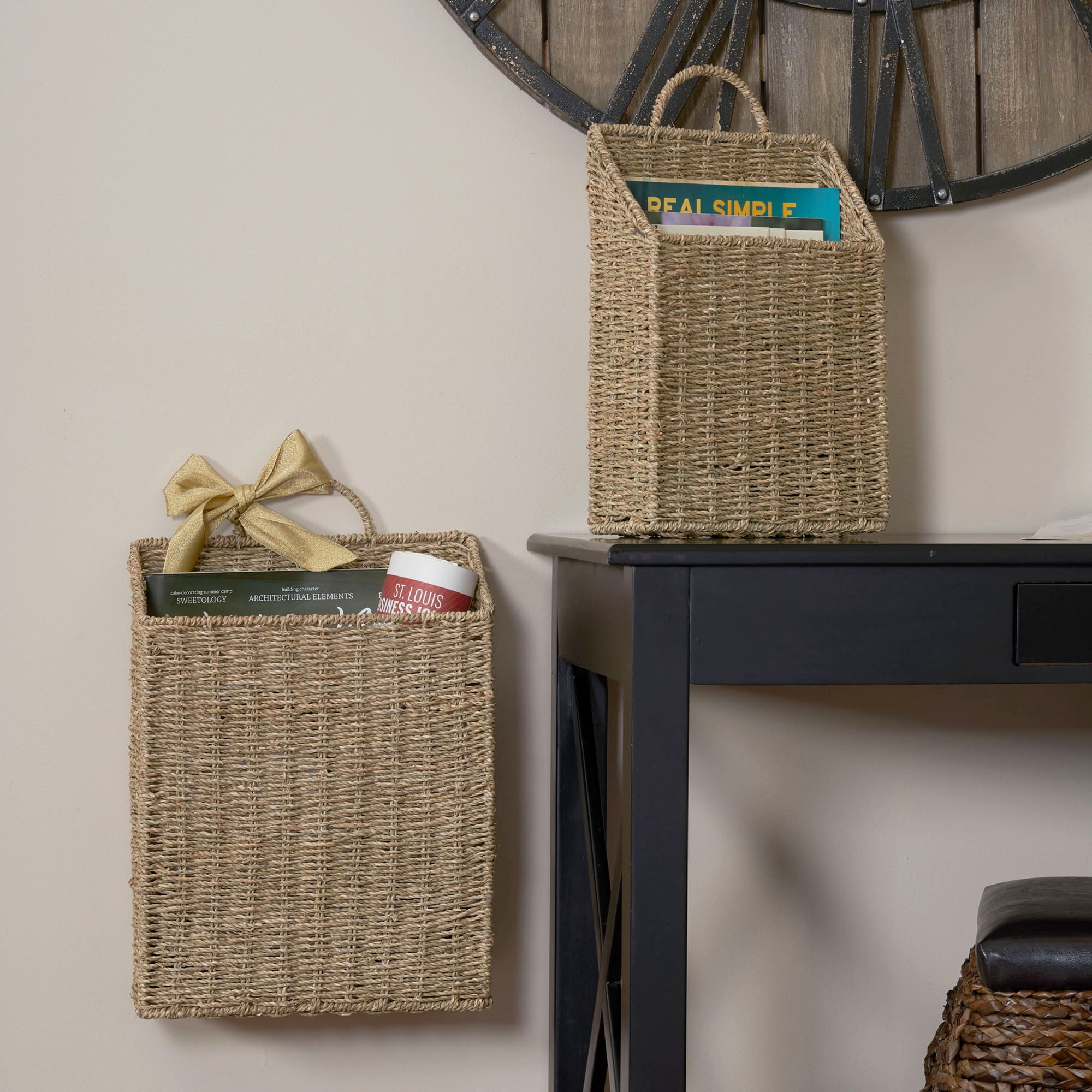 Household Essentials Rectangular Wicker Hanging Baskets, Set of 2, Small and Large, Handwoven Seagrass, Durable Metal Wire Frame, Natural