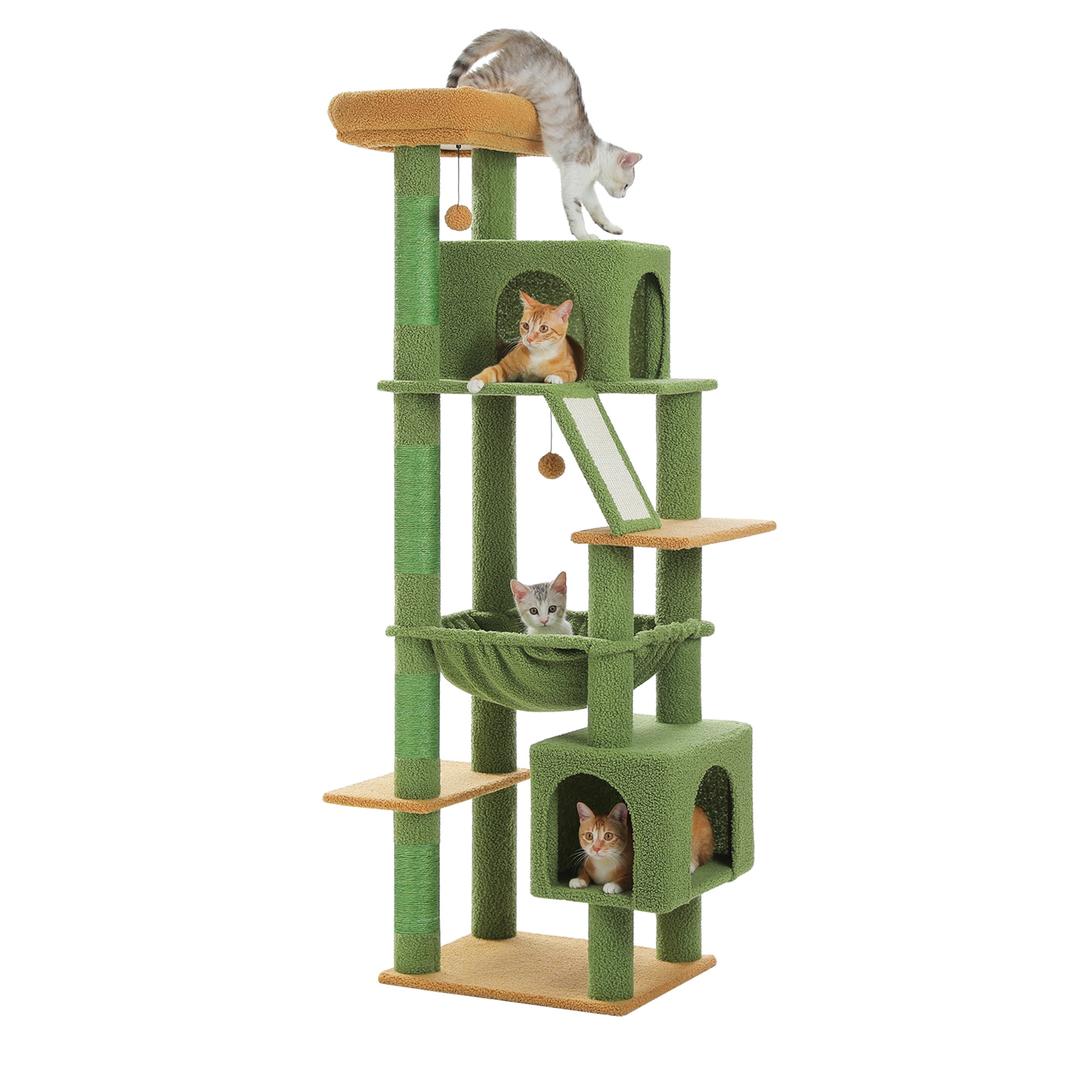 Kadyn 71" Large Cat Tree Tower for Indoor Cats, Multi-Level Cat Tree House with Padded Perches, Scratcher, Hammock, 2 Cozy Cat Condos and Scratching Posts, Green
