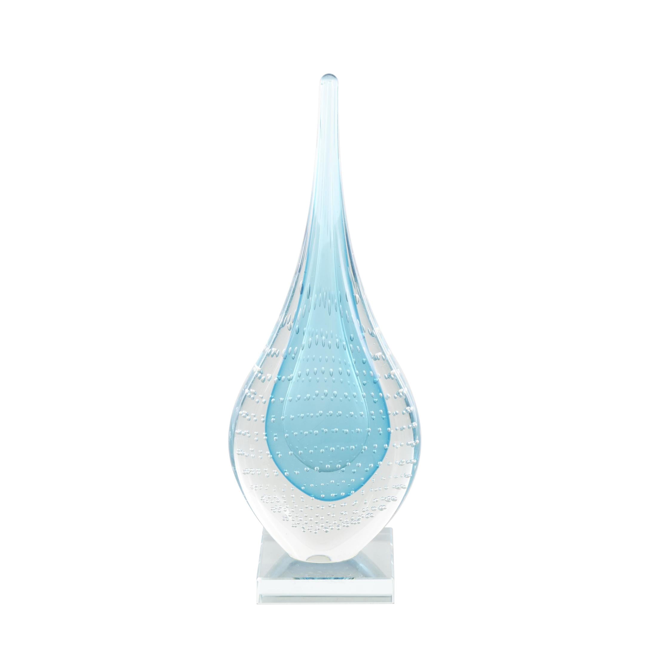 5" x 13" Blue Glass Teardrop Abstract Sculpture with Clear Bubble Droplets, by DecMode