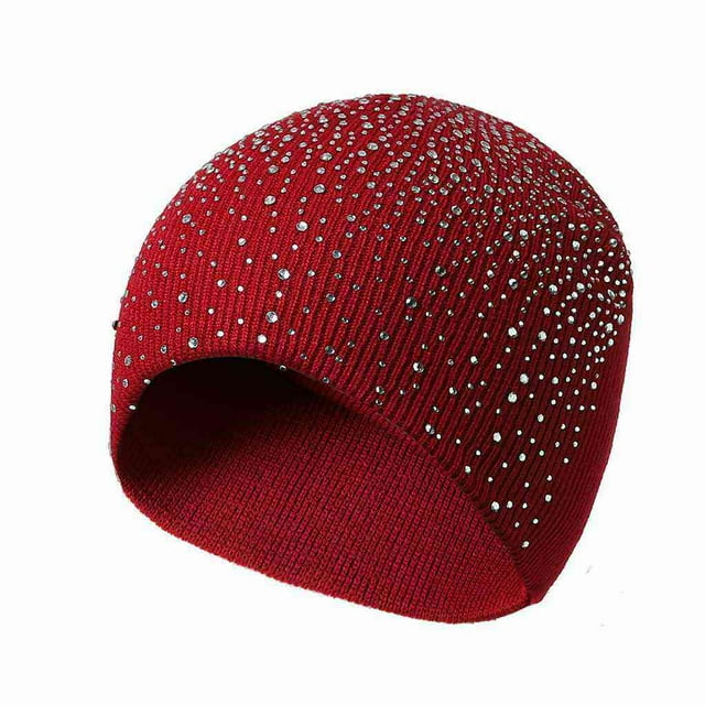 VONKY Warm Half Side Rhinestones Knitted Caps Acrylic Pinstripe Hats Slouch Beanie Outdoor Fall Winter