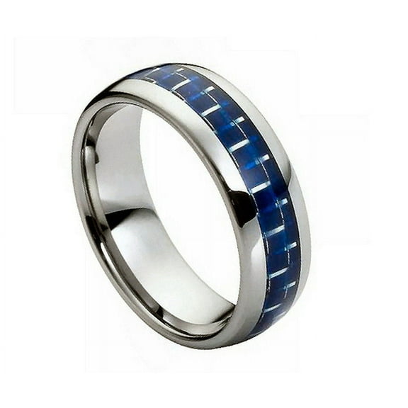 8mm Tungsten Carbide High polish With Blue Carbon fiber Inlay Wedding Band Ring For Men Or Ladies
