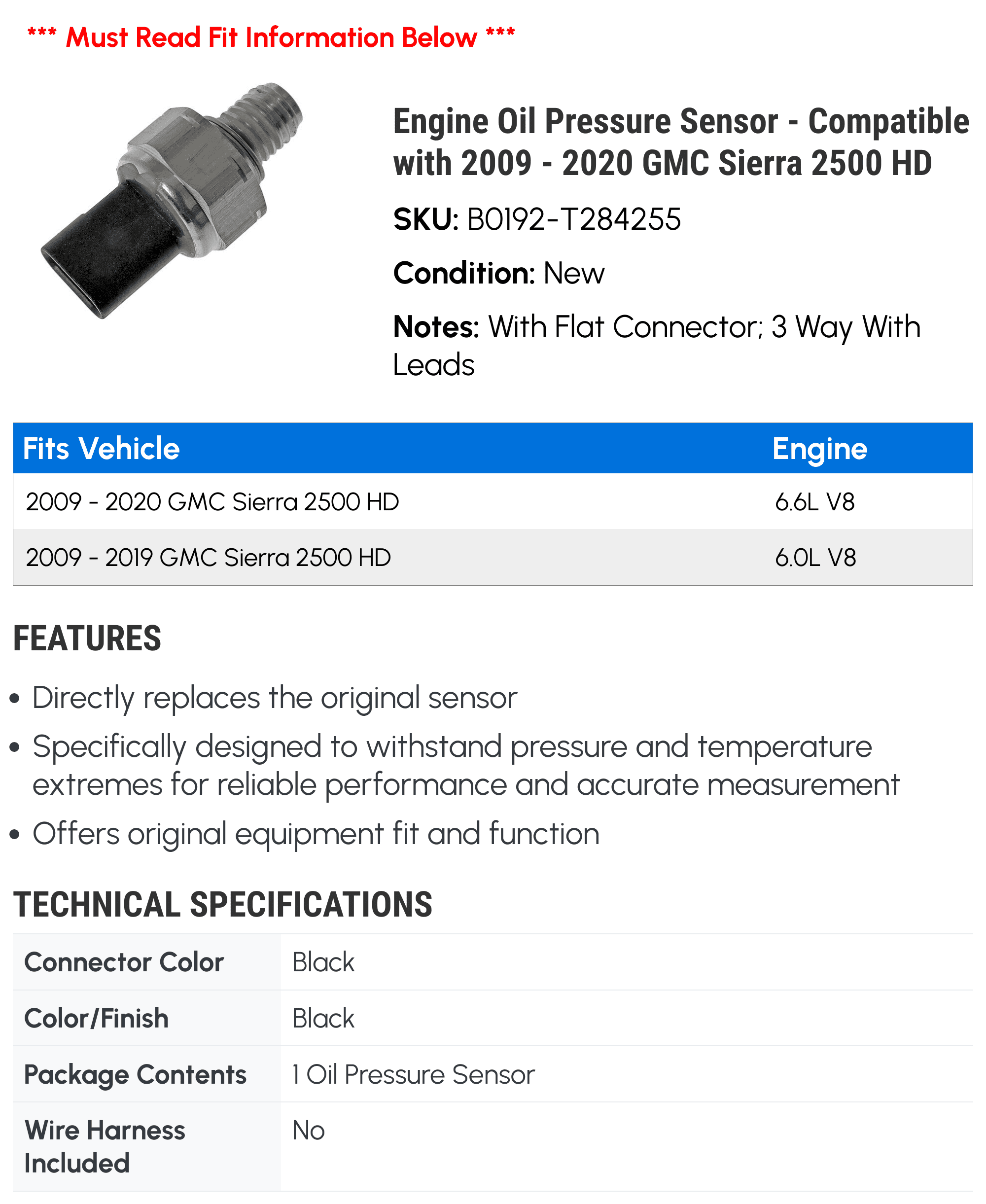 Engine Oil Pressure Sensor - Compatible with 2009 - 2020 GMC Sierra 2500 HD - Dorman