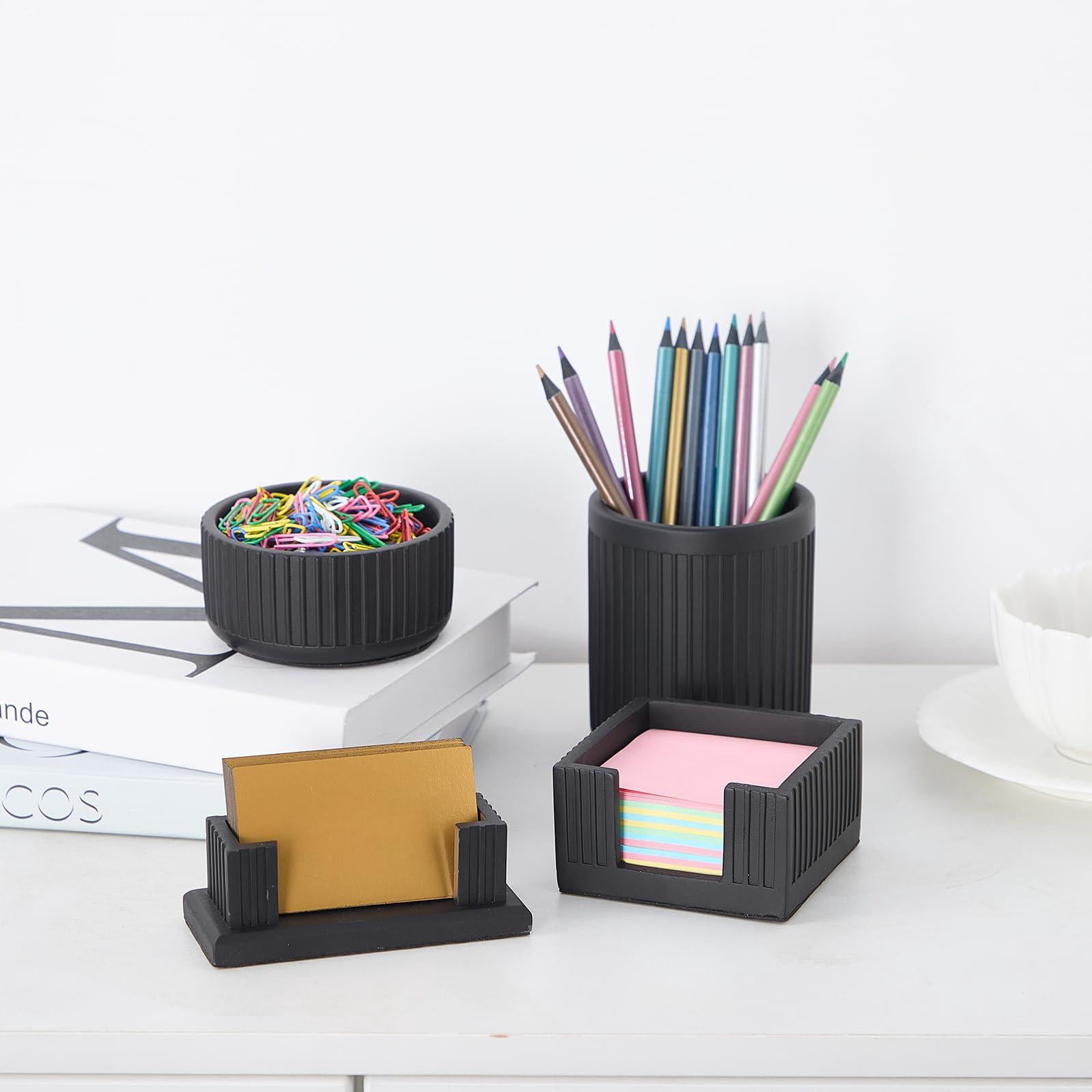 Set Of 4 - Concrete Desk Accessories For Modern  Industrial Minimalist Office Decor- Aesthetic Organizers Women Or Men- Pen Business Card Holder & Sticky Note Paper Clip