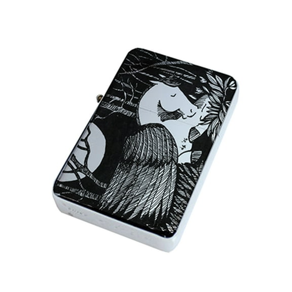 KuzmarK Silver Windproof Flip Top Lighter -  Pegasus Sleeping pen and  Ink Drawing black and white Art by Denise Every™