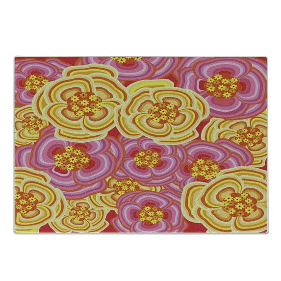 Floral Cutting Board, Funky Vibrant Colored Flower Burst Little Daisies Bouquet Abstract Art, Decorative Tempered Glass Cutting and Serving Board, Small Size, Yellow Pink Orange, by Ambesonne