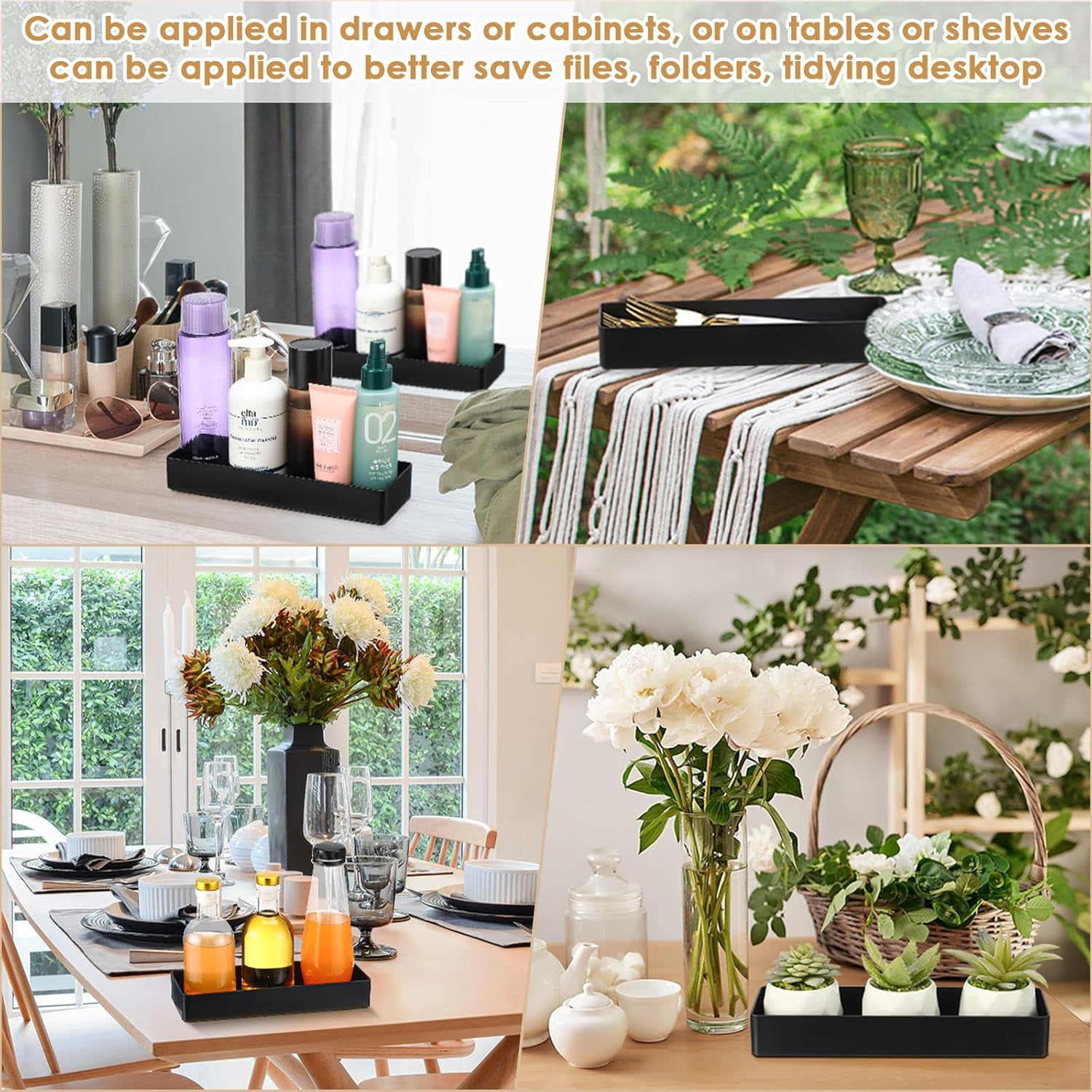 4 Pcs Large Black Rectangular Desk Organizer Set, Half Accessory Tray, Plastic Tabletop Organizer for Office, Home, or Study, Dimensions: 9.45 x 2.95 x 1.38 Inches