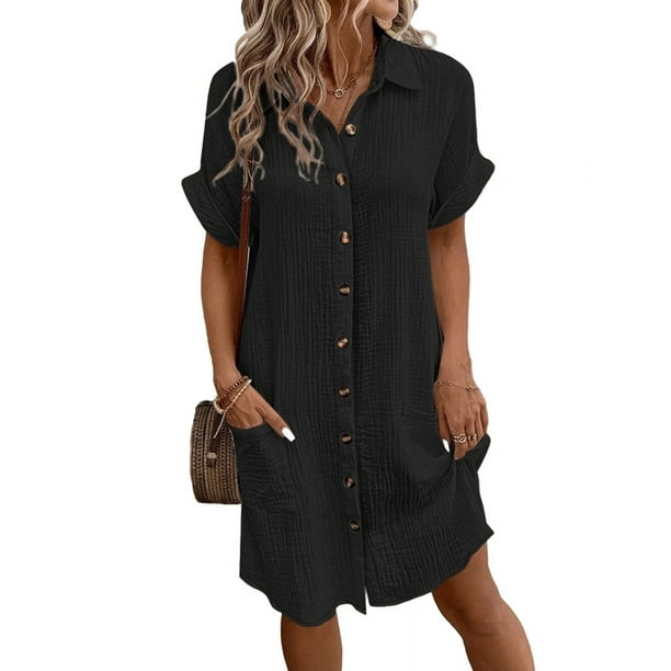Vestido Túnica Holgado Informal de Verano para Mujer, de Algodón y , con Cuello en V, Botones y Corta, Color Negro, Talla XXL