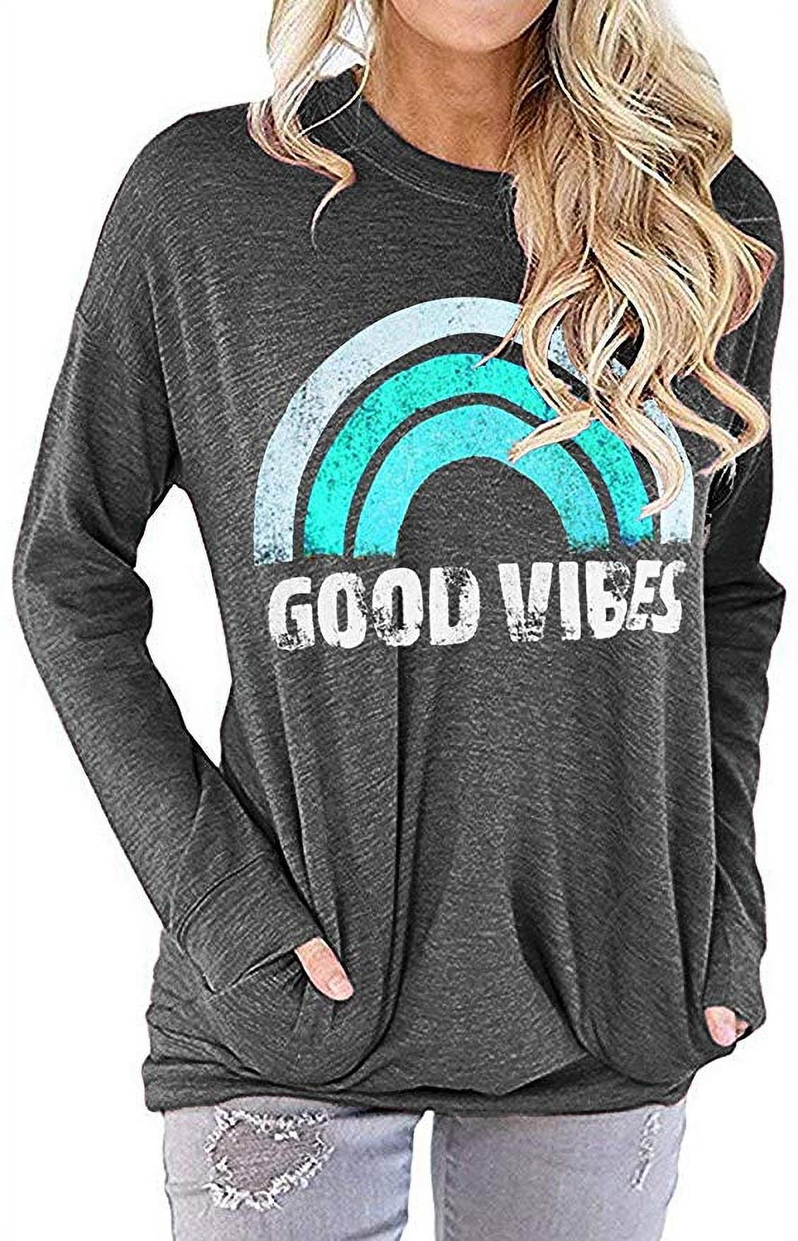 Good Vibes Rainbow Graphic Tees for Women Letter Print Short Sleeve Casual Tops T-Shirt
