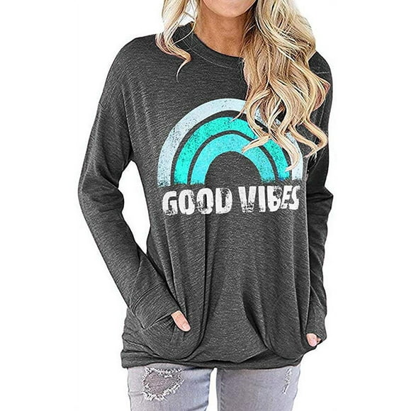 Women Good Vibes Blouse Hoodies Long Sleeve Casual Graphic Tee Shirt Sweaters