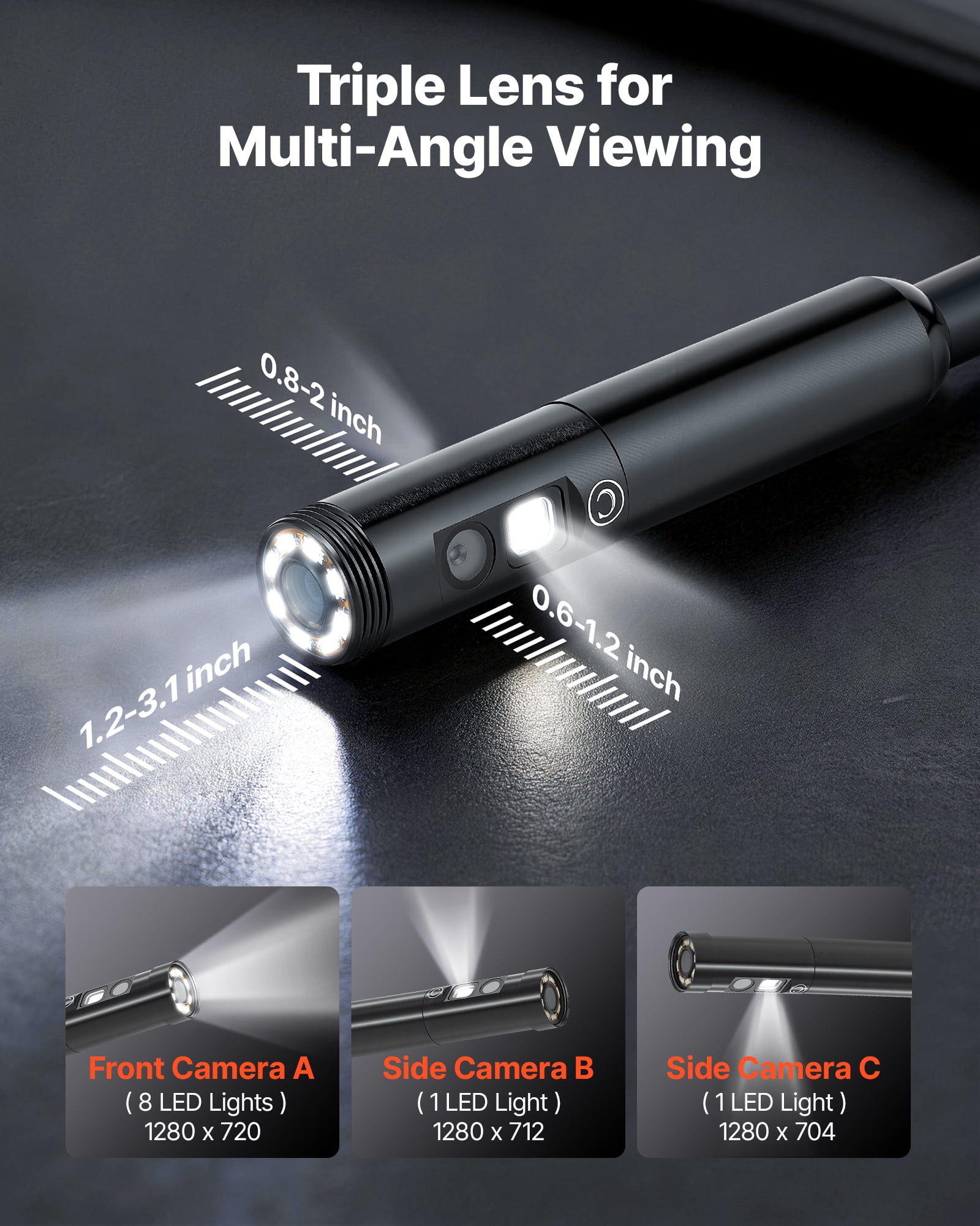 VEVOR Triple Lens Endoscope with Light, 4.5" HD IPS Screen Industrial Borescope Camera, 8 + 2 Lights, 8X Zoom, IP67 Waterproof Inspection Snake Camera for Automotive, Plumbing (16.4FT Rigid Cable)
